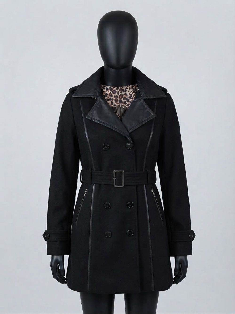 Black Double-Breasted Belted Trench Coat with Leather Trim